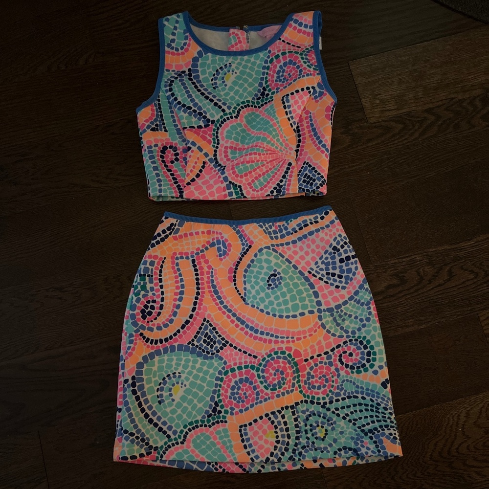 Lilly Pulitzer Kennedy Crop Top and Skirt Set Tile Wave Multi Size Medium